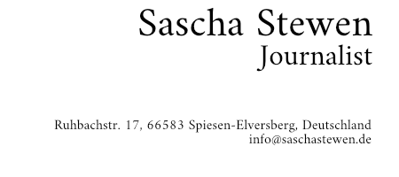Impressum: Sascha Stewen, Ruhbachstr. 17, 66583 Spiesen-Elversberg, Deutschland, E-Mail: info@saschastewen.de